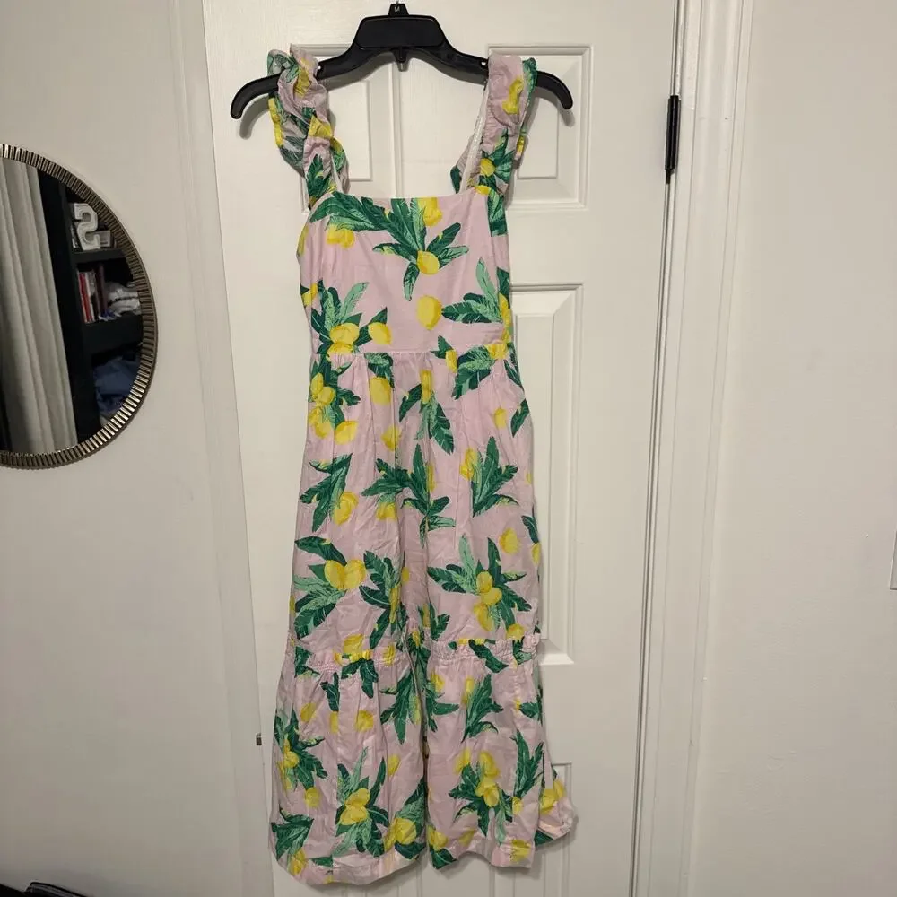 J Crew Square Neck Smocked Midi Dress 00 Pink Lemon Print Ruffle Sleeve Tiered